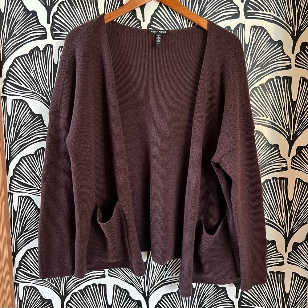 Eileen Fischer Brown Open Front Cardigan Marino wool